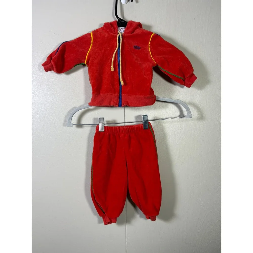 Vtg Izod Lacoste Baby Red Velour Tracksuit Hoodie Pants Set 9 Months Crocodile